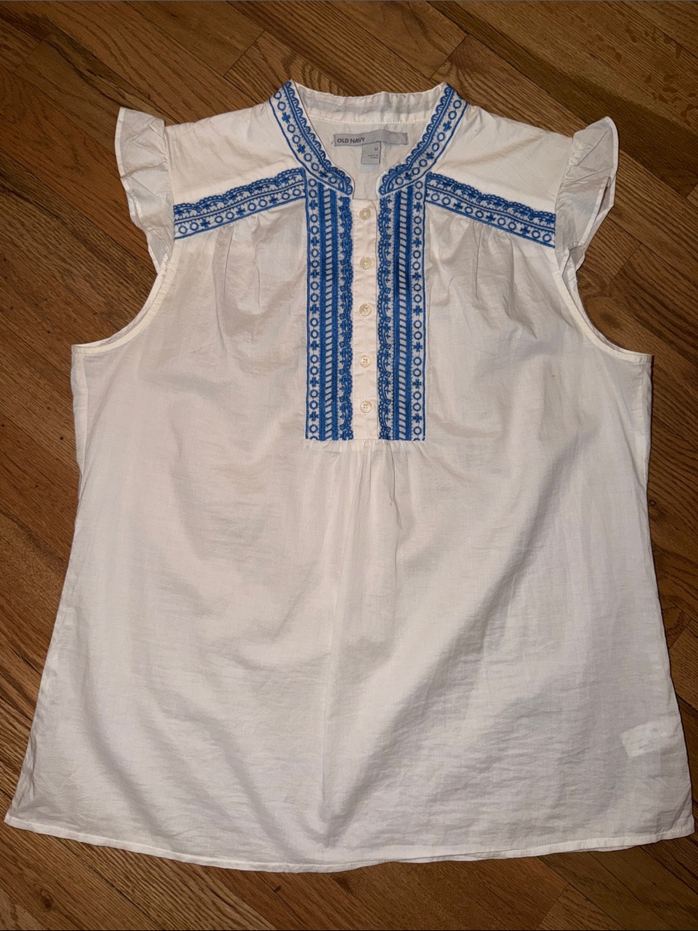 Old Navy White Sleeveless Embroidered Peasant Top with Blue Trim Size M